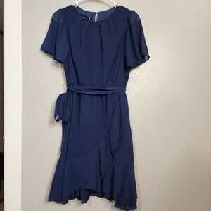 Dokotoo Dress Short Sleeve Waist Tie Ruffle‎ A Line Swing Mini Casual Blue Small